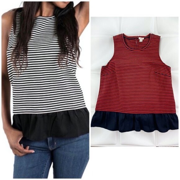 J Crew Sz M Nautical Striped Ruffle Hem Peplum Knit Tank Top Blouse Red Navy - Picture 1 of 8